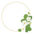 Gold round frame with strawberry white flowers and green leaves